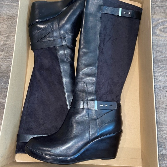 Cole Haan Shoes - Cole Haan Black Leather and Suede Knee-High Wedge Boots